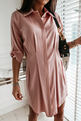 Fashion Solid Buckle Fold Turndown Collar Shirt Dress Dresses(3 Colors)